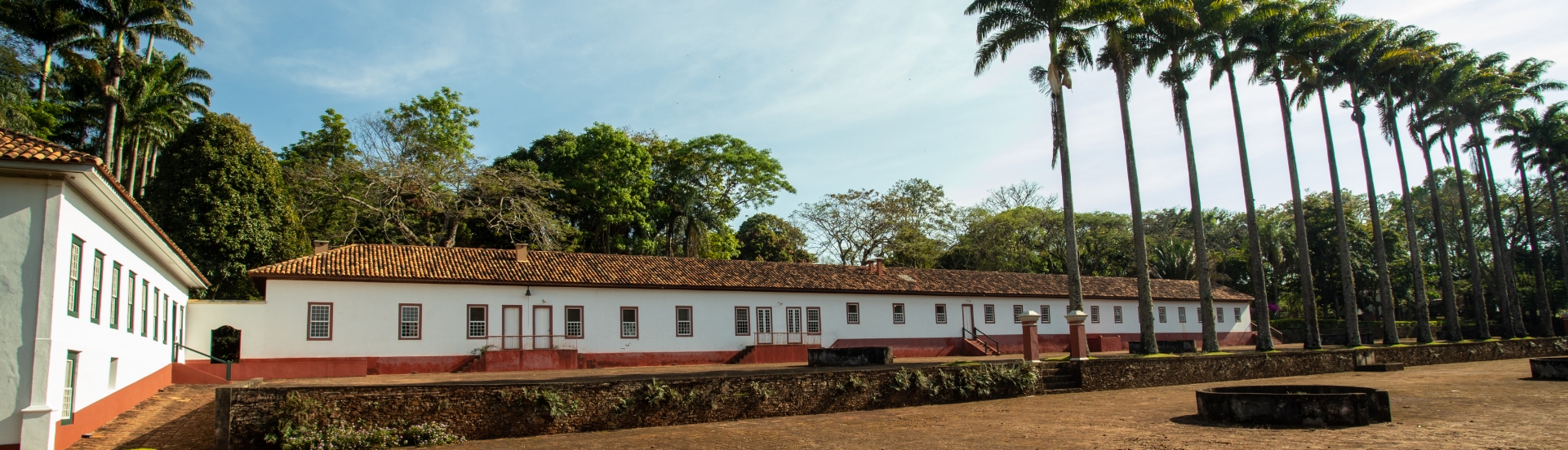 Foto panorâmica no terreiro forrado de tijolos, com vista para a antiga senzala: alongada e com várias janelas. Nos primeiros planos, dois terreiros, um mais baixo do que o outro, separados por palmeiras imperiais e muro de arrimo de pedras. À esquerda, a lateral do casarão. Atrás, copas de árvores.