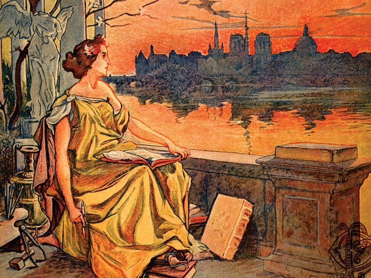 Ilustração de uma mulher branca sentada de perfil, com vestido amarelo, olhando para o horizonte. Ela tem um livro aberto no colo, segurado por sua mão esquerda. Em segundo plano, um rio. Ao fundo, silhuetas de prédios. O céu alaranjado reflete na água. Sabemos que se trata de uma capa da Revista Moderna.